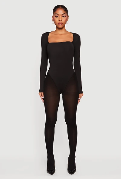 Womens Solid Long Sleeve Square Neck Bodysuit,