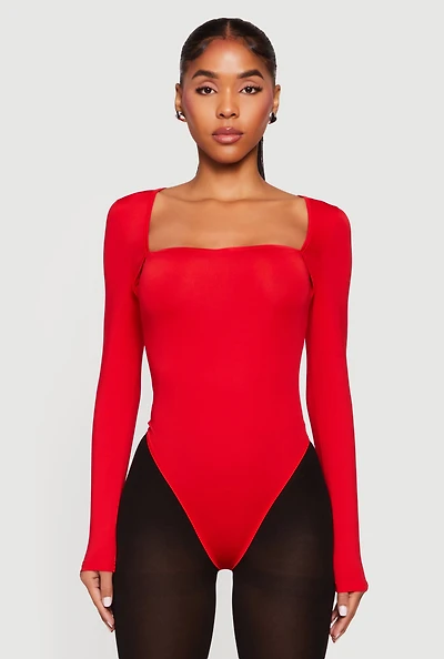 Womens Solid Long Sleeve Square Neck Bodysuit,