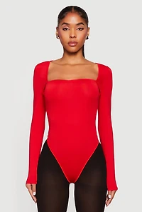Womens Solid Long Sleeve Square Neck Bodysuit,