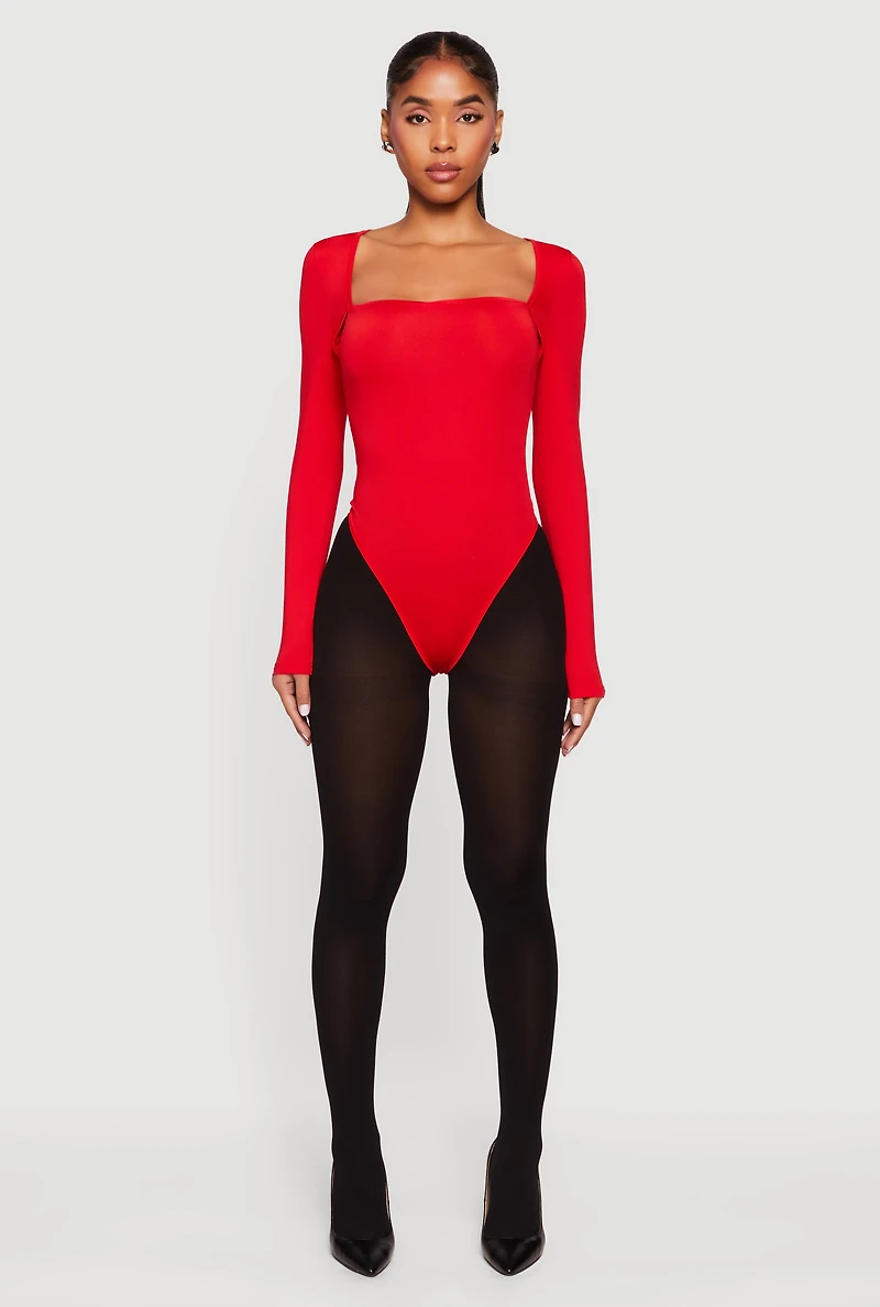 Womens Solid Long Sleeve Square Neck Bodysuit,