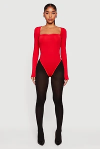 Womens Solid Long Sleeve Square Neck Bodysuit,