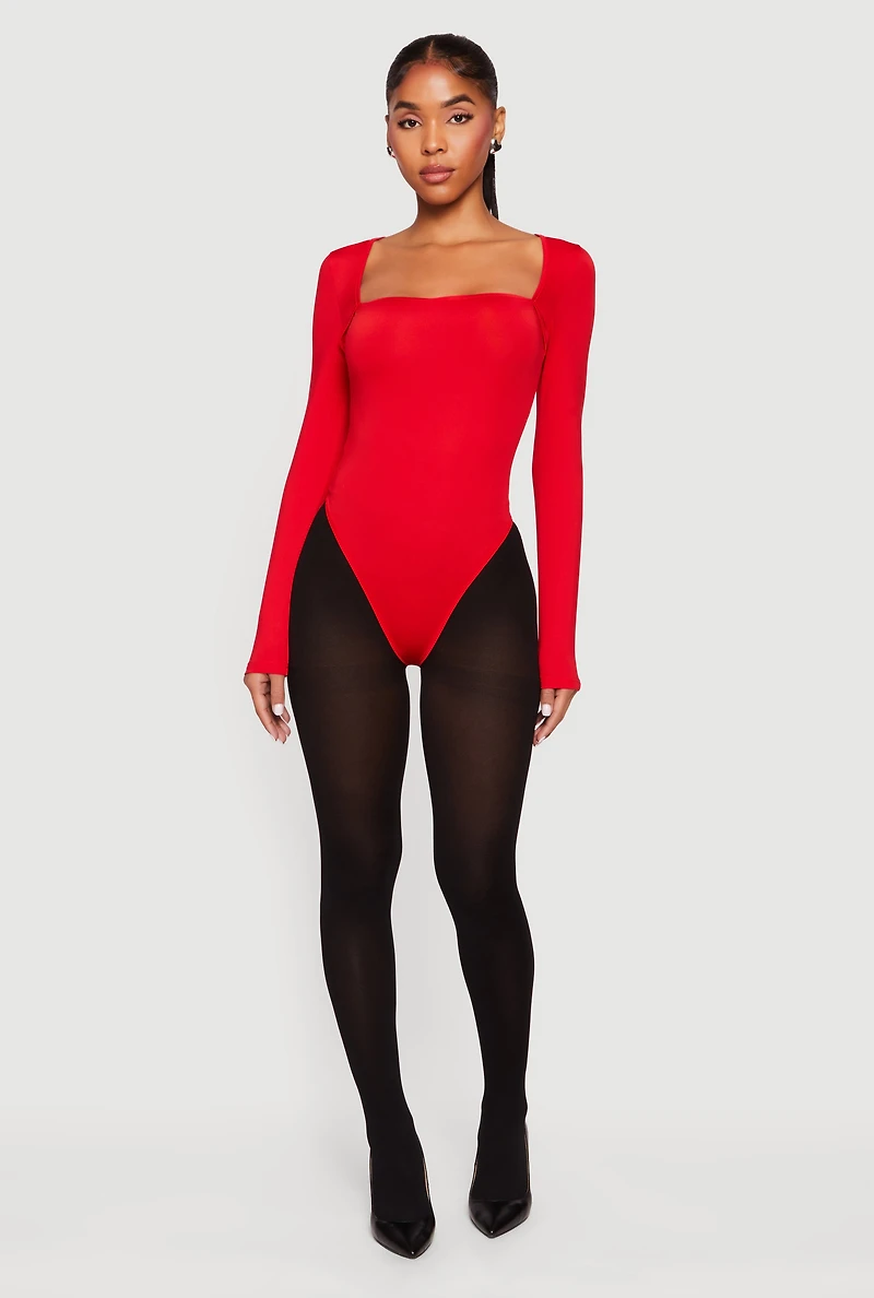 Womens Solid Long Sleeve Square Neck Bodysuit,