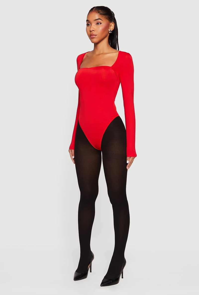 Womens Solid Long Sleeve Square Neck Bodysuit,