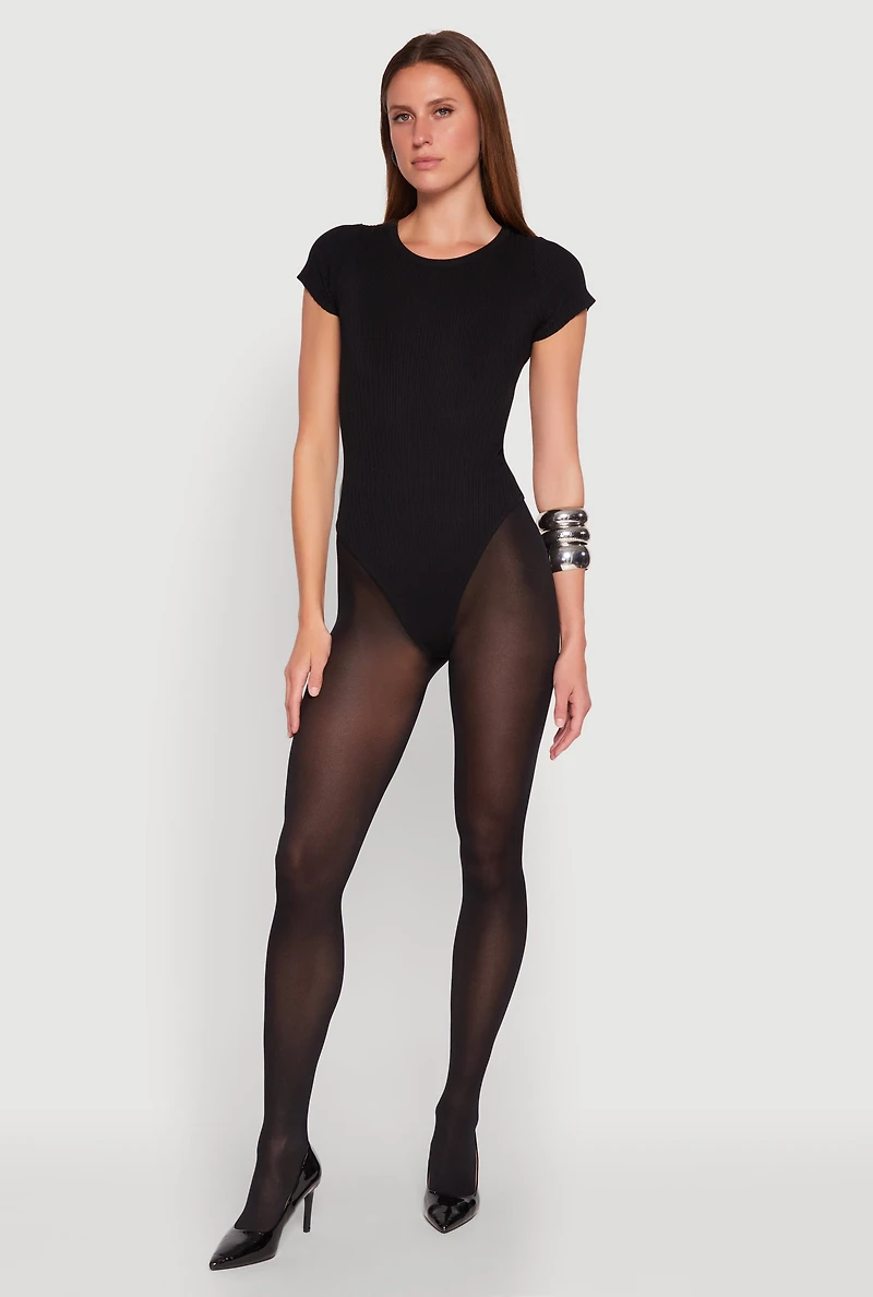 Womens Daisy Rib Knit Crew Neck Bodysuit, Black, Size M