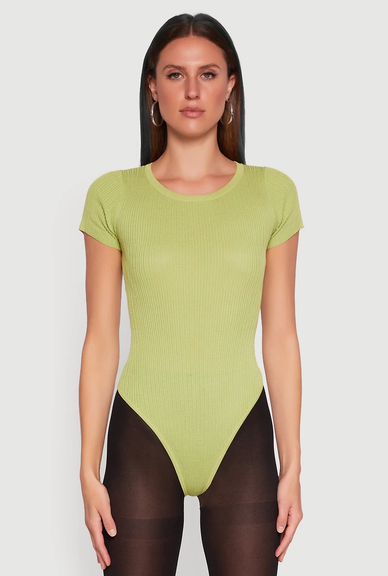 Womens Daisy Rib Knit Crew Neck Bodysuit, L