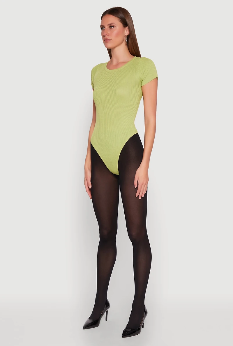 Womens Daisy Rib Knit Crew Neck Bodysuit, Green, Size M