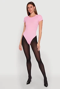 Womens Daisy Rib Knit Crew Neck Bodysuit, Pink, Size S