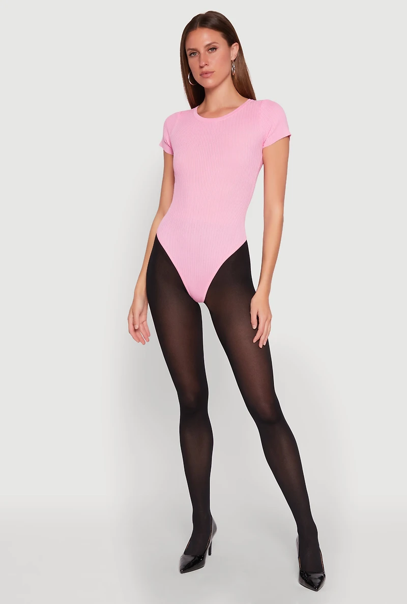 Womens Daisy Rib Knit Crew Neck Bodysuit, Pink, Size M