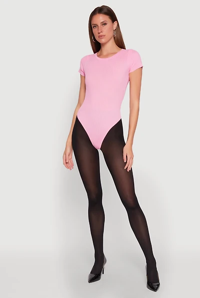 Womens Daisy Rib Knit Crew Neck Bodysuit, Pink, Size M
