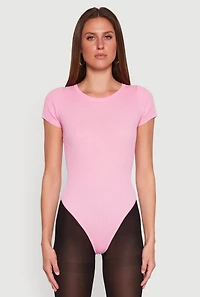 Womens Daisy Rib Knit Crew Neck Bodysuit, Pink, Size M