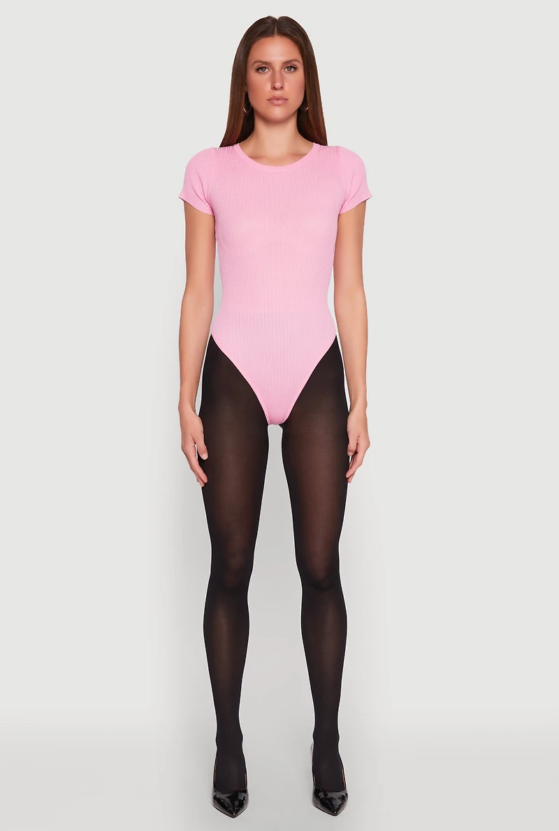 Womens Daisy Rib Knit Crew Neck Bodysuit, Pink, Size S
