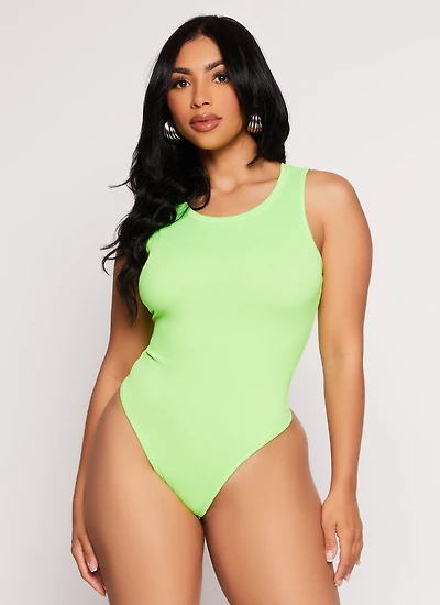 Womens Daisy Ribbed Knit Tank Bodysuit, Green, Size S