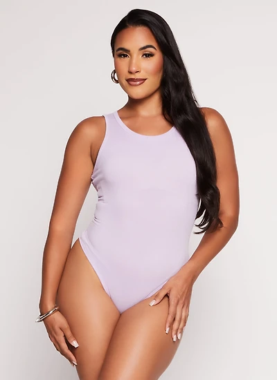 Womens Daisy Ribbed Knit Tank Bodysuit, Purple, Size S