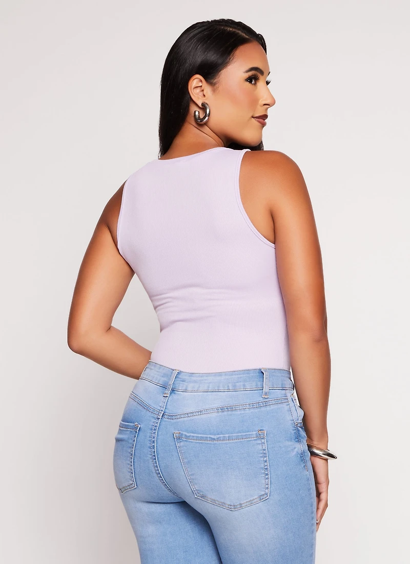 Womens Daisy Ribbed Knit Tank Bodysuit, Purple, Size S