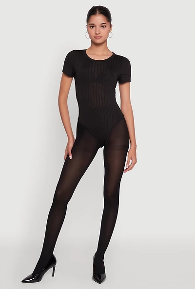 Womens Daisy Rib Knit Short Sleeve Crew Neck Bodysuit,