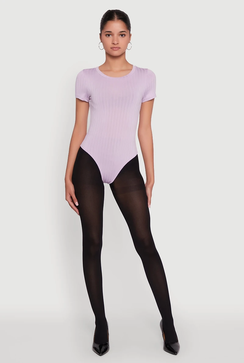 Womens Daisy Rib Knit Short Sleeve Crew Neck Bodysuit, Purple,