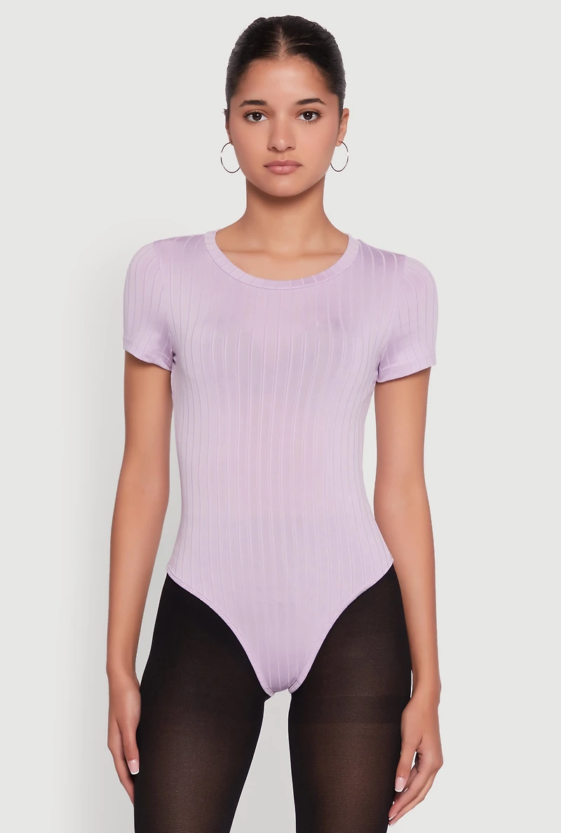 Womens Daisy Rib Knit Short Sleeve Crew Neck Bodysuit, Purple,