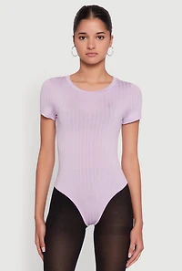 Womens Daisy Rib Knit Short Sleeve Crew Neck Bodysuit, Purple,