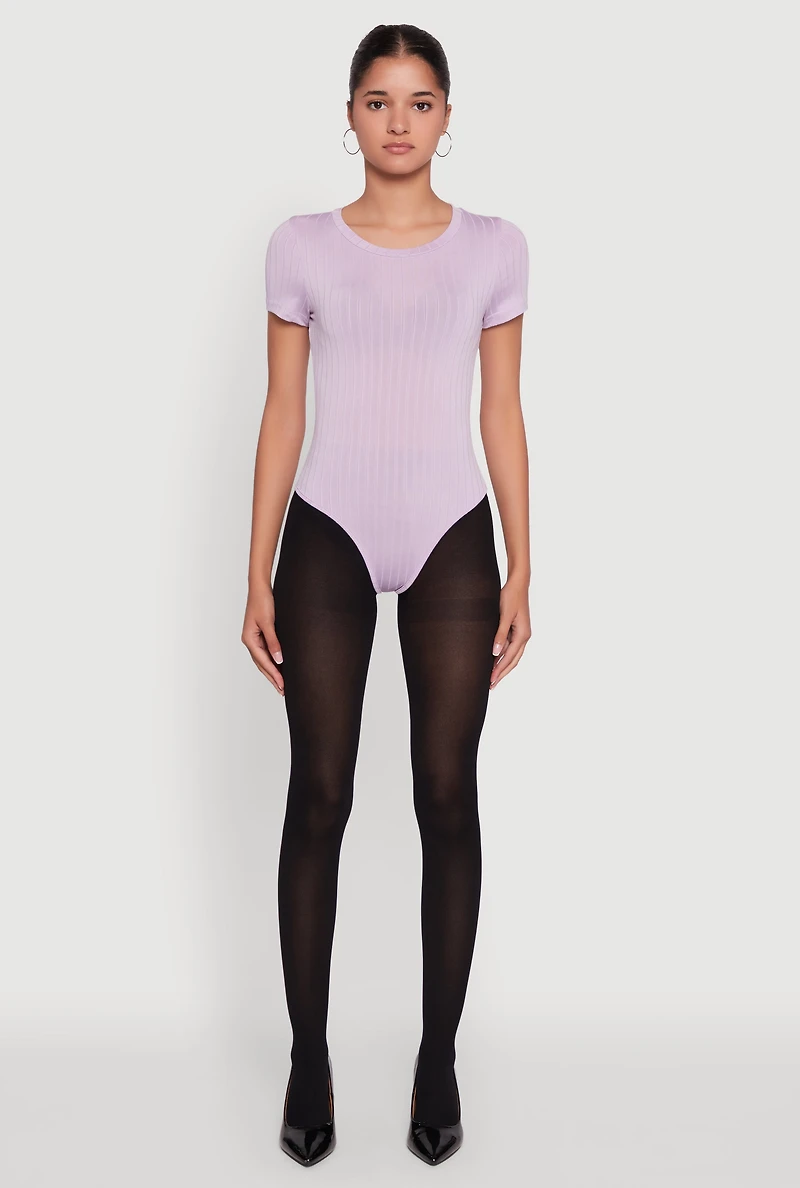 Womens Daisy Rib Knit Short Sleeve Crew Neck Bodysuit, Purple,