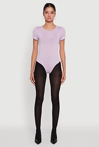 Womens Daisy Rib Knit Short Sleeve Crew Neck Bodysuit, Purple,