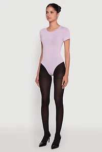 Womens Daisy Rib Knit Short Sleeve Crew Neck Bodysuit, Purple,
