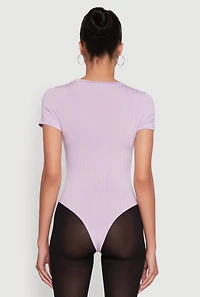 Womens Daisy Rib Knit Short Sleeve Crew Neck Bodysuit, Purple,