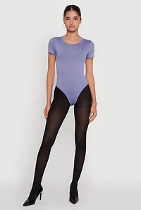 Womens Daisy Rib Knit Short Sleeve Crew Neck Bodysuit, Blue, Size S