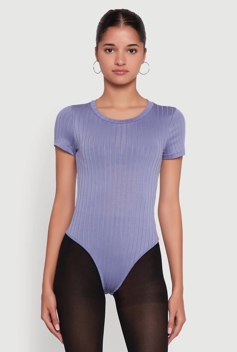 Womens Daisy Rib Knit Short Sleeve Crew Neck Bodysuit, Blue, Size S