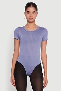 Womens Daisy Rib Knit Short Sleeve Crew Neck Bodysuit, Blue, Size S