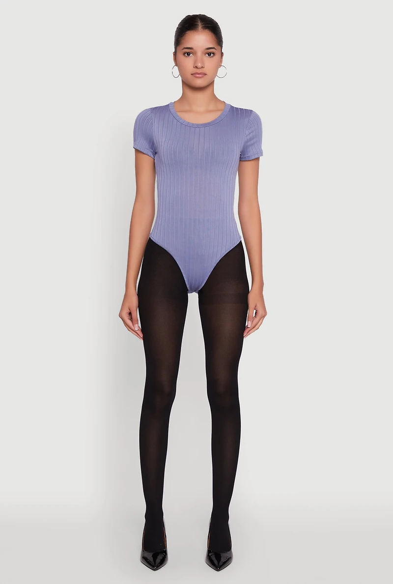 Womens Daisy Rib Knit Short Sleeve Crew Neck Bodysuit, Blue, Size S