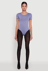 Womens Daisy Rib Knit Short Sleeve Crew Neck Bodysuit, Blue, Size S
