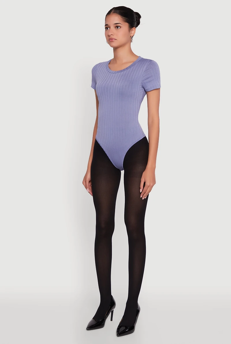 Womens Daisy Rib Knit Short Sleeve Crew Neck Bodysuit, Blue, Size S