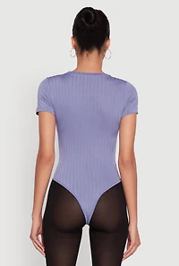 Womens Daisy Rib Knit Short Sleeve Crew Neck Bodysuit, Blue, Size S