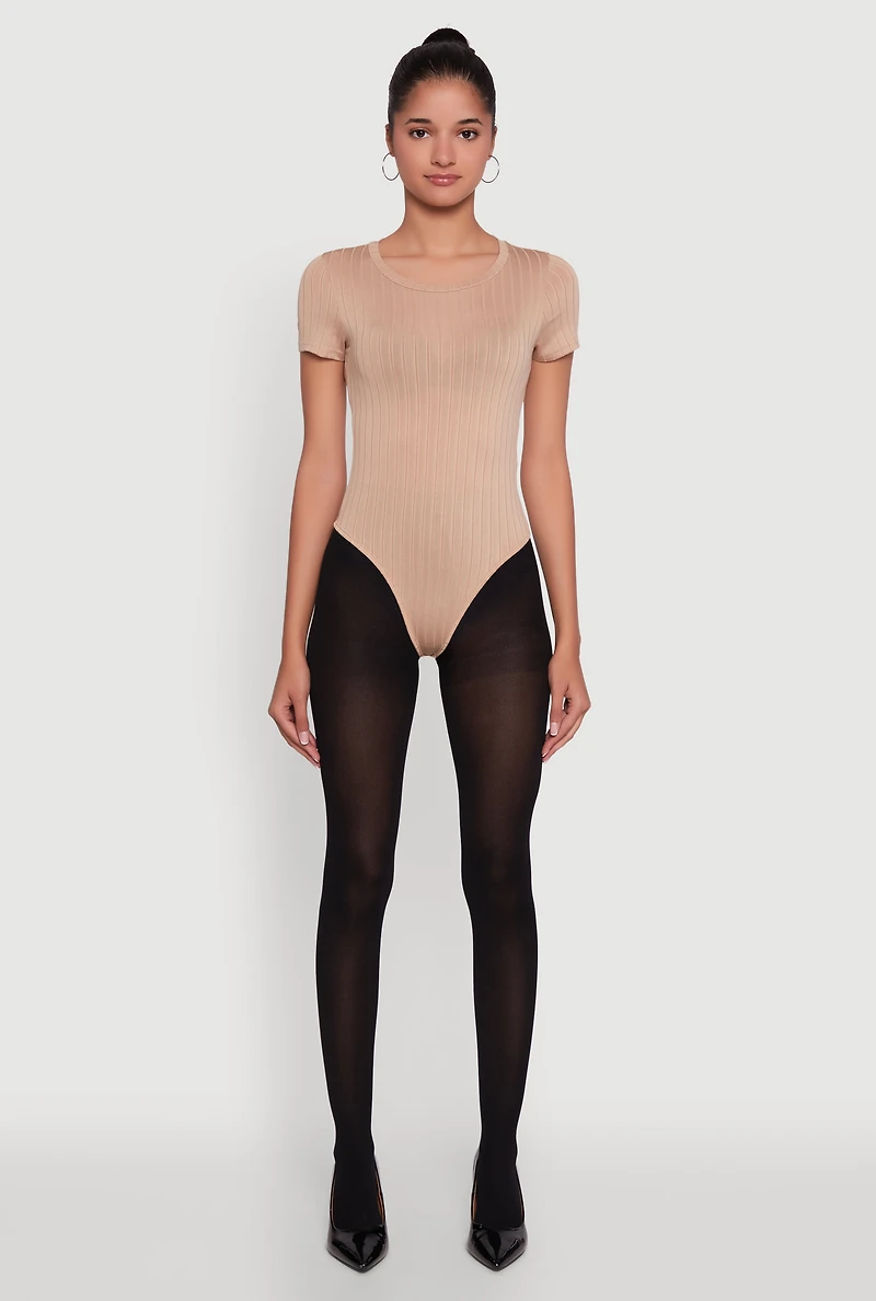 Womens Daisy Rib Knit Short Sleeve Crew Neck Bodysuit,