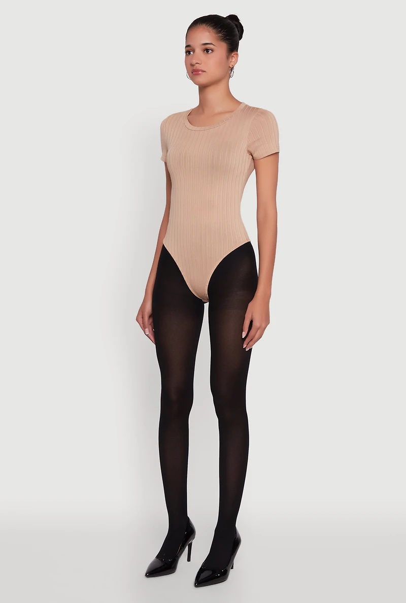 Womens Daisy Rib Knit Short Sleeve Crew Neck Bodysuit,