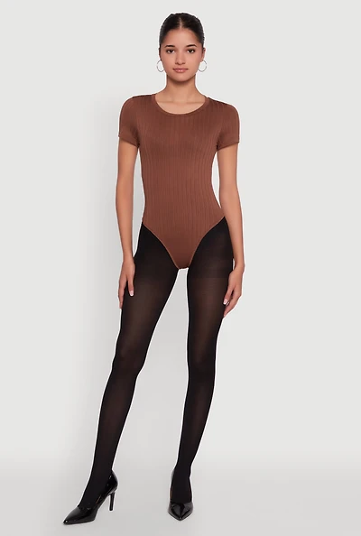 Womens Daisy Rib Knit Short Sleeve Crew Neck Bodysuit,