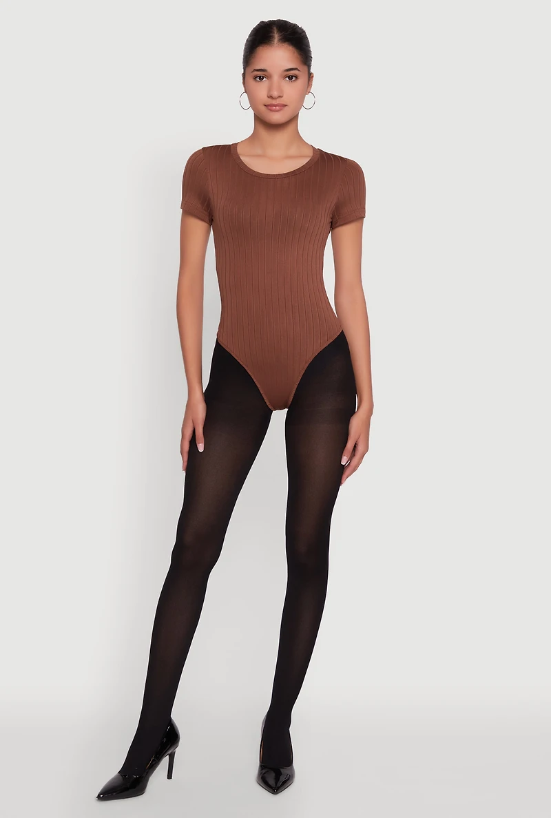 Womens Daisy Rib Knit Short Sleeve Crew Neck Bodysuit,
