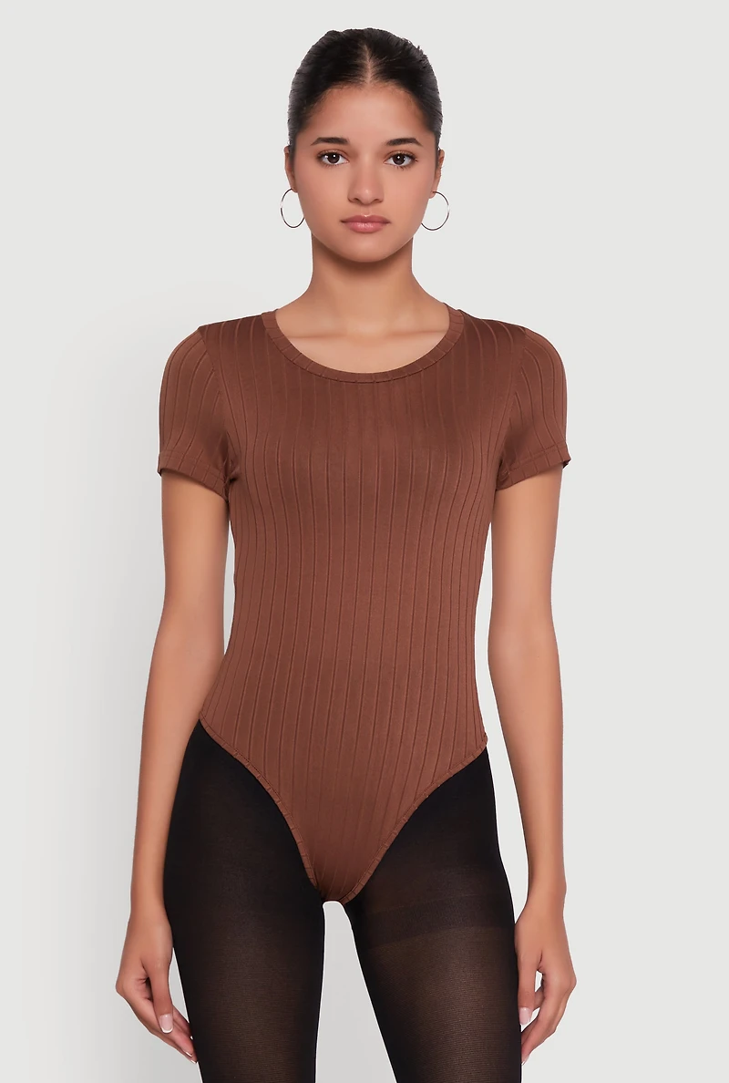 Womens Daisy Rib Knit Short Sleeve Crew Neck Bodysuit,