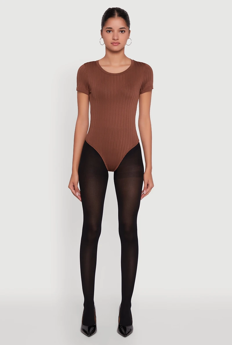 Womens Daisy Rib Knit Short Sleeve Crew Neck Bodysuit,