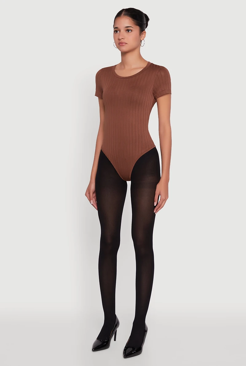 Womens Daisy Rib Knit Short Sleeve Crew Neck Bodysuit,