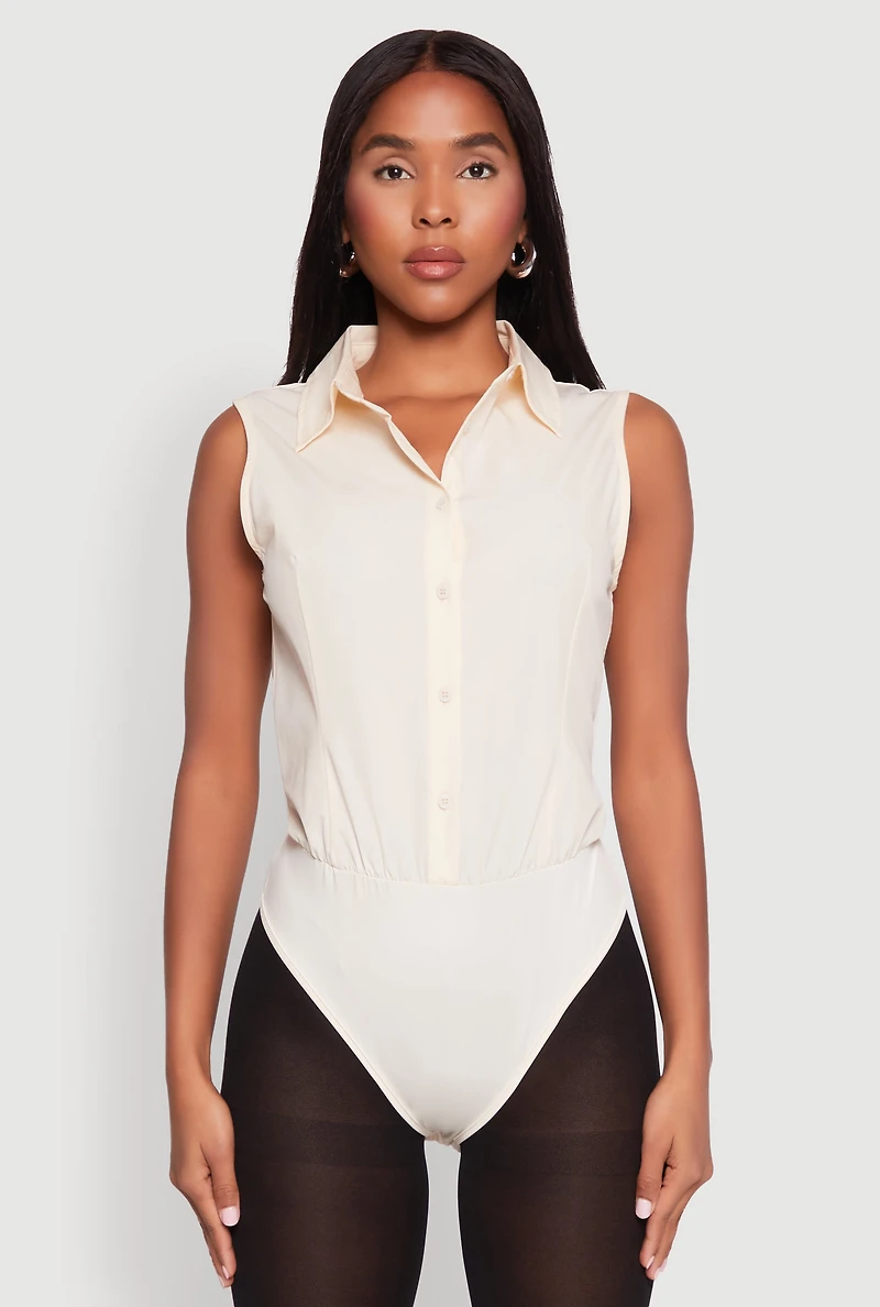 Womens Daisy Sleeveless Button Front Bodysuit, Beige, Size S