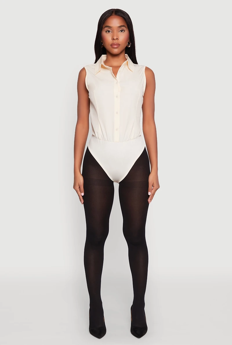 Womens Daisy Sleeveless Button Front Bodysuit, Beige, Size S