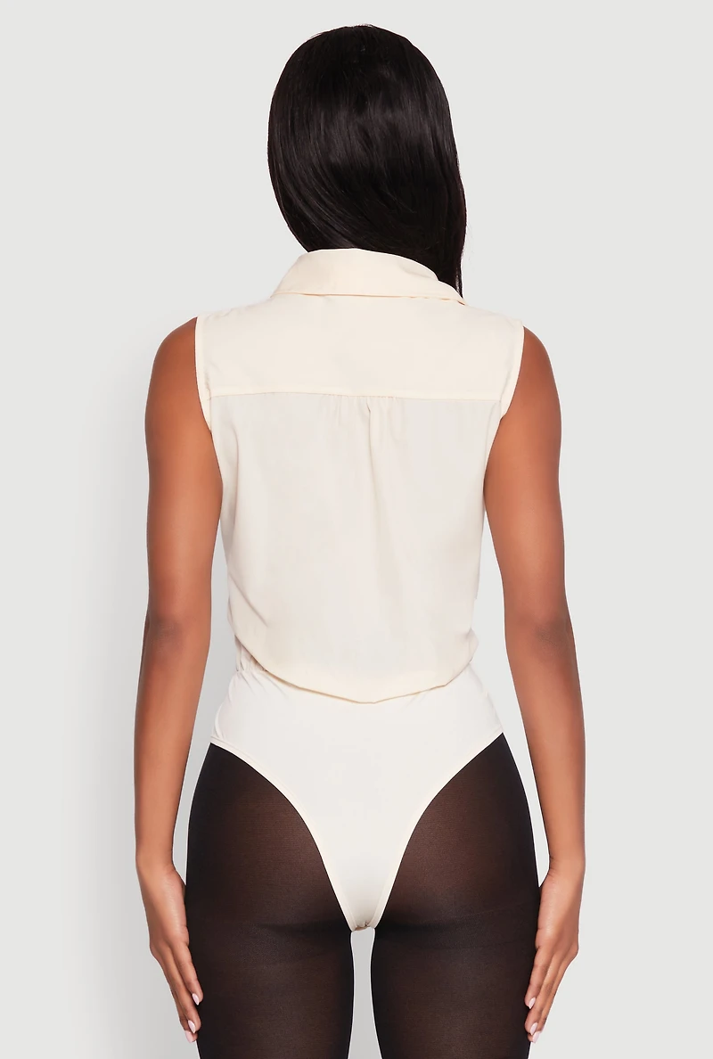 Womens Daisy Sleeveless Button Front Bodysuit, Beige, Size S