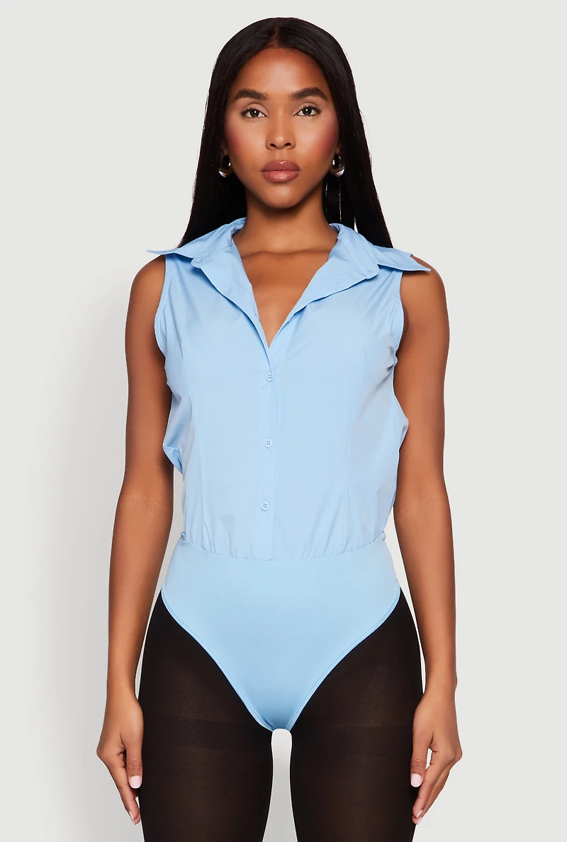 Womens Daisy Sleeveless Button Front Bodysuit, Blue, Size L