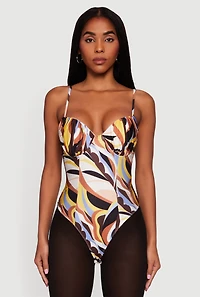 Womens Abstract Print Satin Sweetheart Neck Bodysuit, Multi, Size M