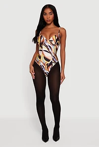 Womens Abstract Print Satin Sweetheart Neck Bodysuit, Multi, Size M