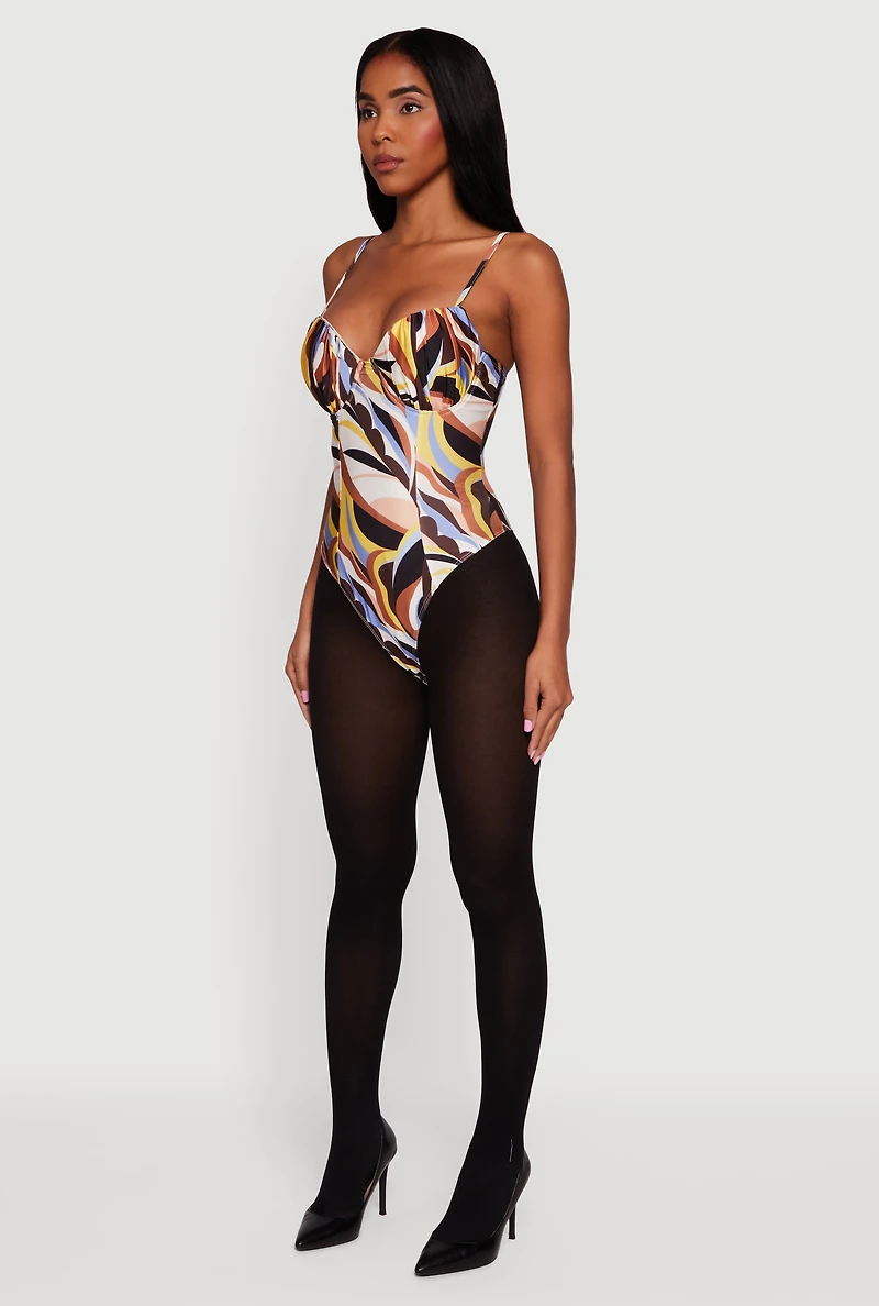 Abstract Print Satin Sweetheart Neck Bodysuit