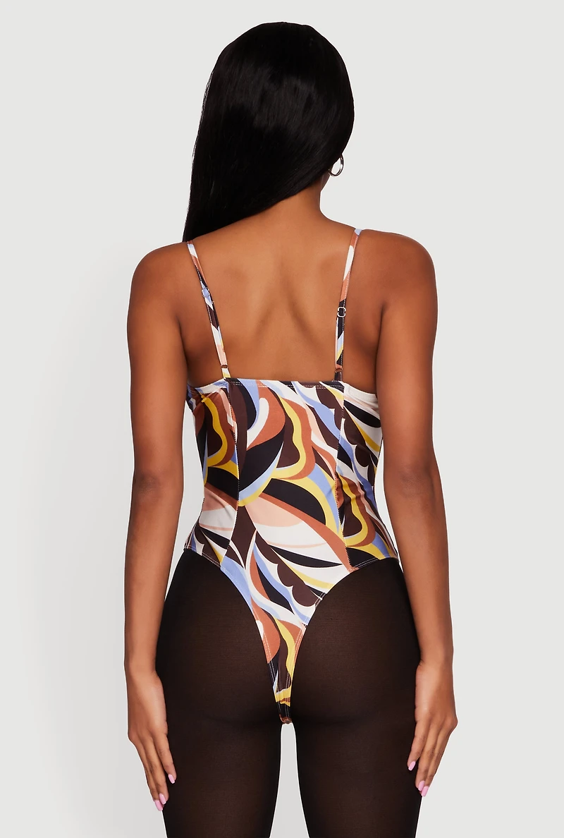 Womens Abstract Print Satin Sweetheart Neck Bodysuit, Multi, Size M