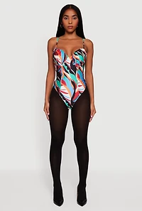 Abstract Print Satin Sweetheart Neck Bodysuit