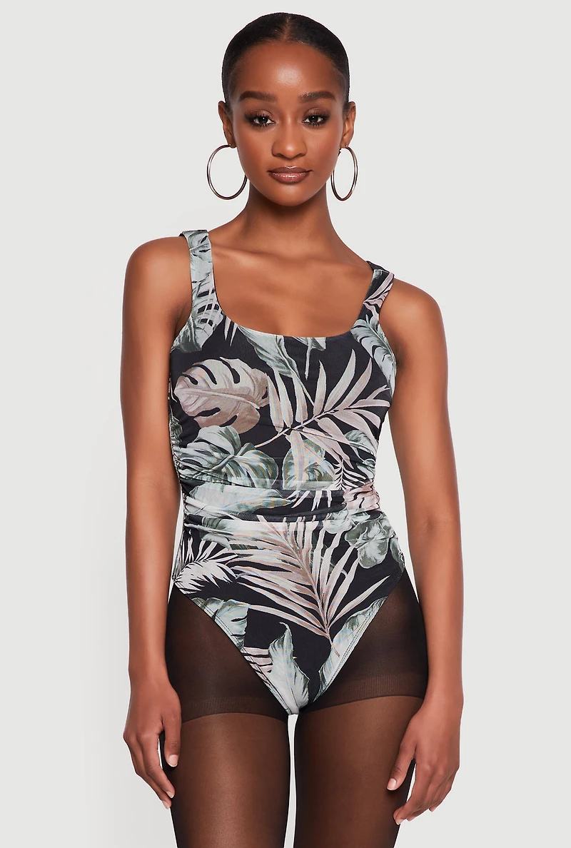 Floral Mesh Side Ruched Thong Bodysuit